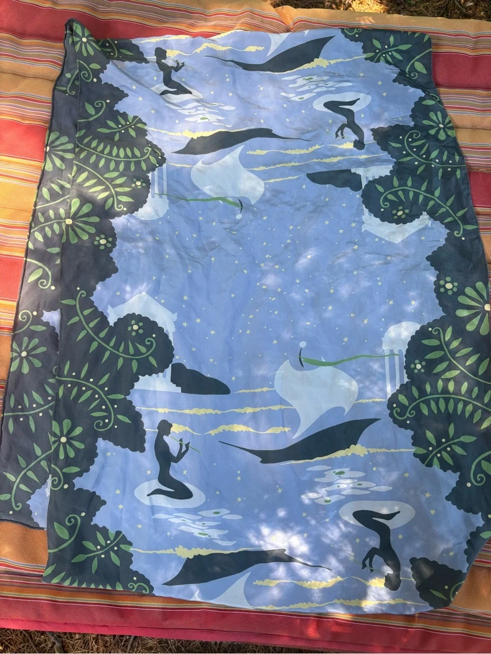 Sky Blue Scarf with Mermaid & Whale Silhouettes and Green Leaf Borders